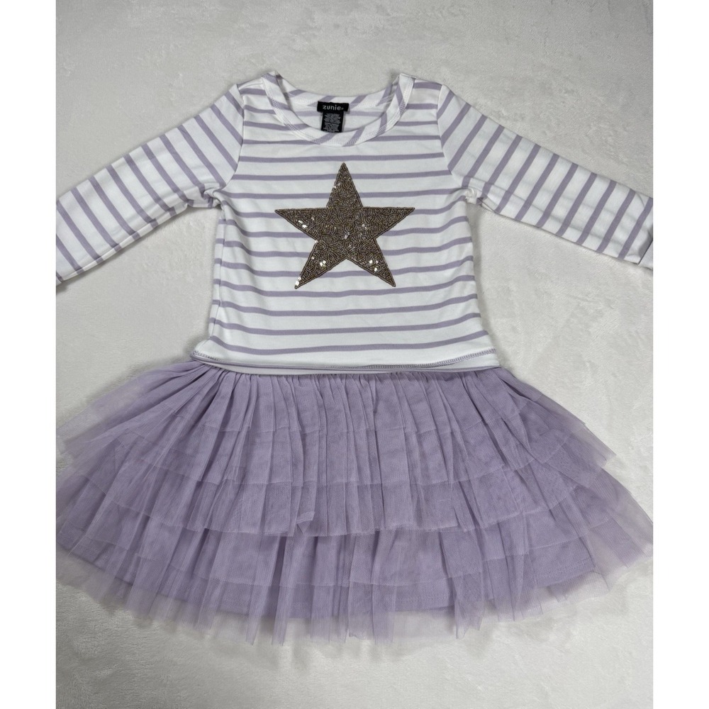 Zunie Girls Size 6 Tutu Dress Purple Stripe Sequin‎ Star Long Sleeve